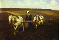 Leo Tolstoy is on a ploughed field (Repin, 1891)