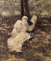 Tolstoy is resting in a wood (Repin, 1891)
